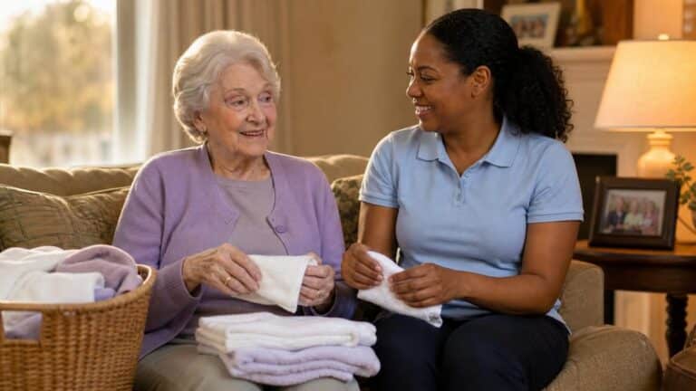 Caregiver in a light blue polo folding towels with an older woman on a sofa in a lamp-lit living room
